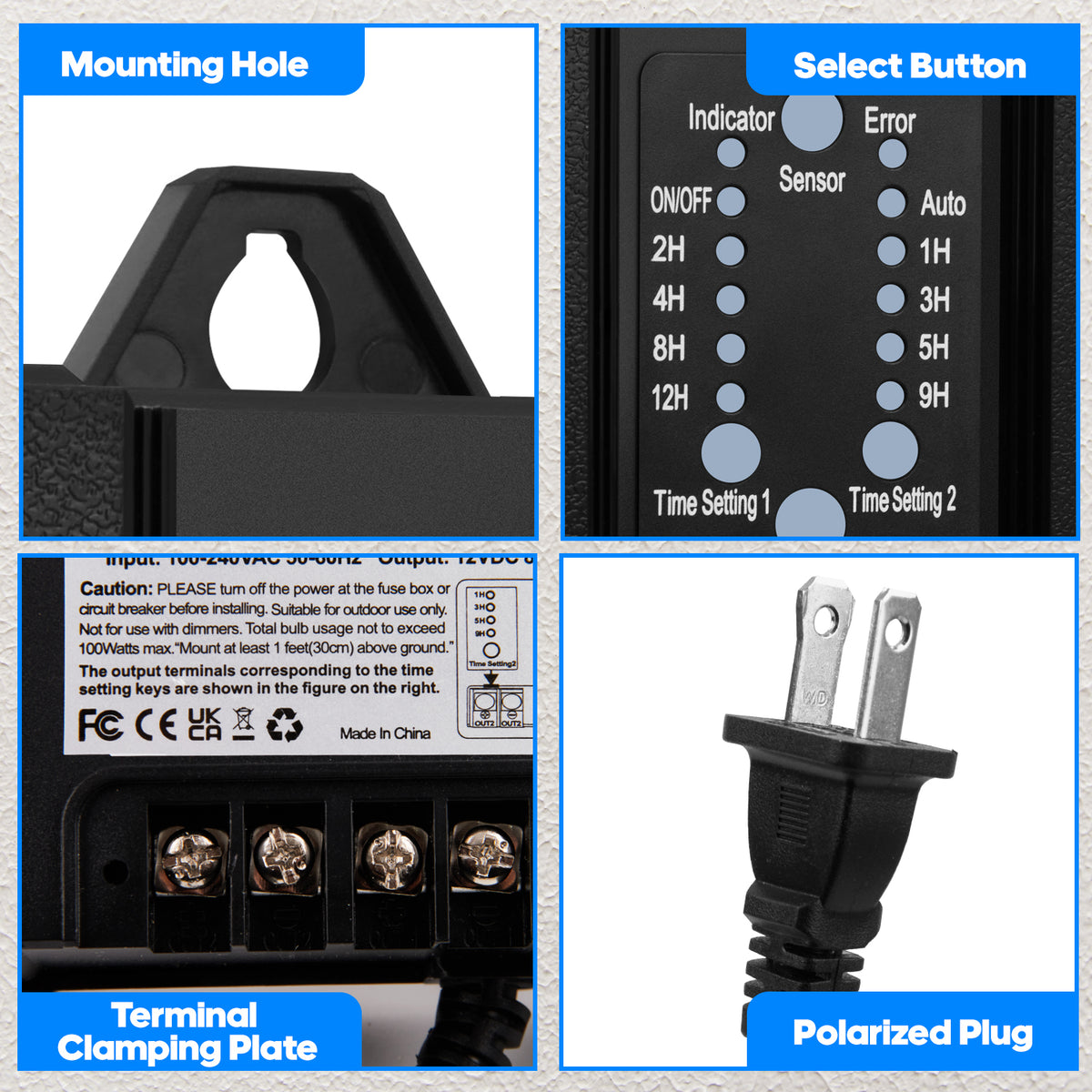 100W Outdoor Low Voltage Transformer with Timer and Photocell Sensor